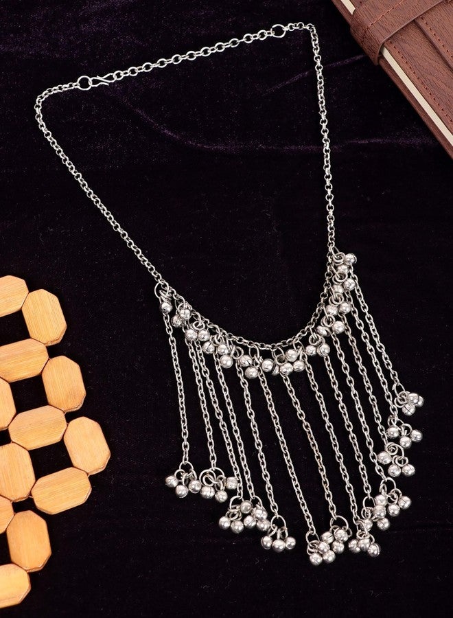 Siddhatva Handmade Statement Afghani Antique Silver Oxidized Indian Ethnic Tassel Ghungroo Bells Trendy Gypsy Necklace Jewelry Set Women (Silver) - Image 5